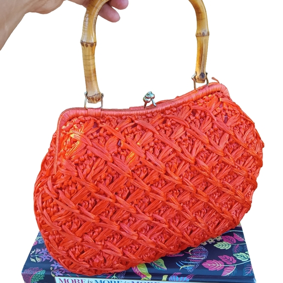 Vintage Handbags - Vintage Orange Woven Mini Bag with Bamboo Handle.  Handmade In Japan